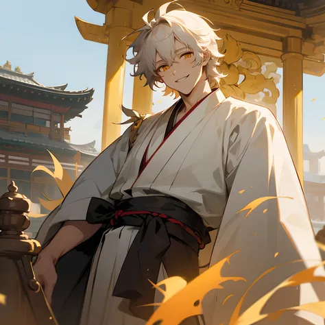 1male , white and gold haori , standing infront of a temple , golden eyes , white messy hair , adult male , smiling