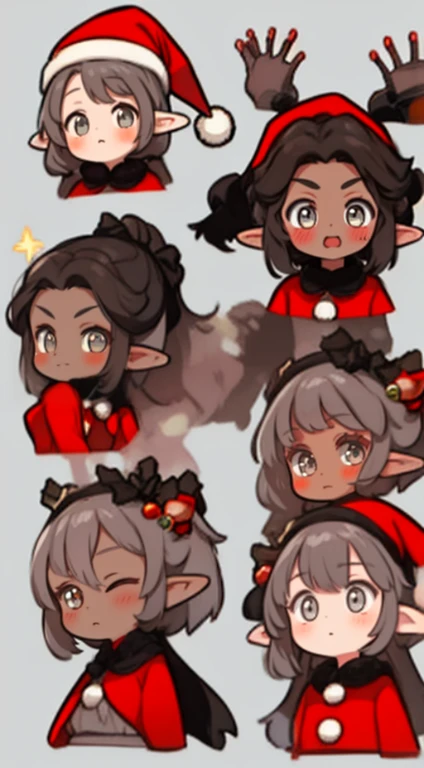 (master piece: 1.1), 1girl,1 cute girl, concept art, 9 tables, 9 poses and expressions, (different expressions), detailed face, detailed bright eyes,(pointy ears, eyes have a bright blue, (dark skin), tan, dark skin, shy face, (blushing face), anime charac...