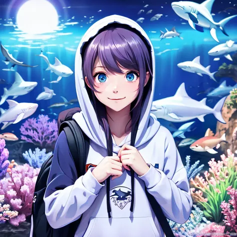 （high-level image quality）Japan anime style、Anime Paintings、illustratio、soio、a beauty girl、Light blue shorthair、Beautiful purple eyes、innocent smiles、wearing hoodies、Carrying a backpack、Watching sharks in a dimly lit aquarium