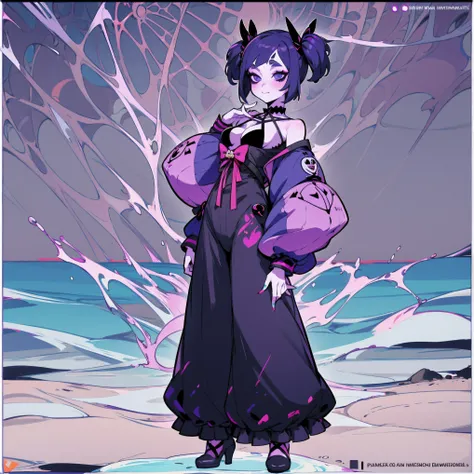 muffet，jk style，bags under eyes,eyeliner,makeup，full body standing painting，purple skin，goth girl，dressed indecently，beach sexy ...