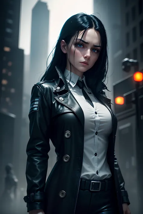 Closeup photograph, Depressed, beautiful, Caucasian, android, woman grey skin, glowing blue LED eyes and long loose black hair ,Wearing a black trenchcoat with a white button up blouse, photorealistic, cinematic lighting, perfect body, muscular, cyberpunk ...