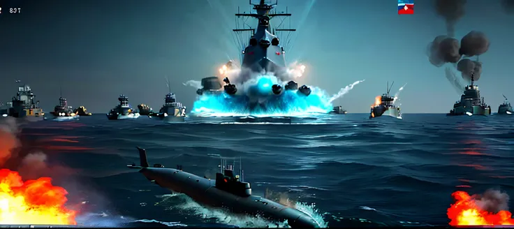 there is a submarine in the water with a lot of smoke coming out of it, attacked submarine in background, missile explosions, in game graphic, ingame shot, screenshot from game, warships, epic naval battle, oceanic naval battles, ingame, naval warfare, cg ...