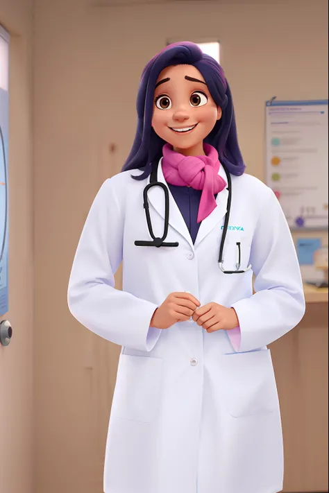 Uma Doutora de sorriso largo e feliz, com olhos pouco abertos, cabelos pretos, wearing a lab coat and a pink scarf, with a stethoscope hanging around his neck in pixar style