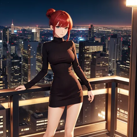 Midnight, Best quality, 8k, Masterpiece, Whole body, Long legs, Sharp focus, A pretty woman with perfect figure, Slender abs, red hair, short hair, hair bun, bangs, small breasts, tight sweater dress, Standing, Night city view, Rooftop, Detailed eyes, smug...