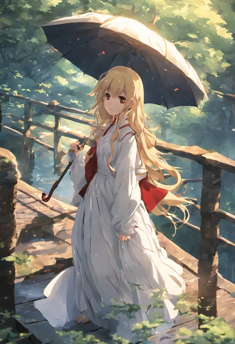 A girl carrying an umbrella stands on a bridge, wearing a Victorian-style white dress with long blonde hair and red eyes in an anime-style. The background is medieval, set in a forest., makoto shinkai, girl, 16 years old, anime background, fantasy art, (ns...