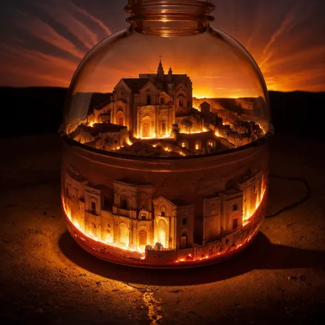 (an intricate burning minitown matera landscape trapped in a bottle), atmospheric oliva lighting, on the desk, 4k uhd, dark vibe...