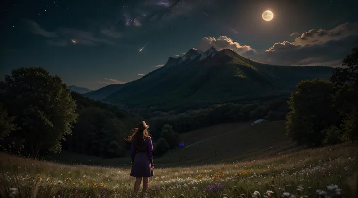 ((Best Quality)), ((Masterpiece)), expansive landscape photograph, (From below, Sky above and open fields below), a girl standing on a flower field looking up, (full moon: 1.2), (meteor: 0.9), (nebulous: 1.3), Far Mountain, trees BREAK Making art, (warm li...