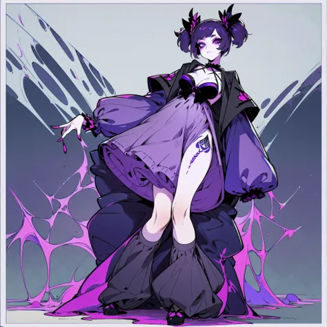 Muffet，jk style，bags under eyes,eyeliner,makeup，Full body standing painting，Purple skin，goth girl，dressed indecently，beach sexy bikini，down jacket，Full body standing painting，Two-dimensional anime style，Purple spiders，Spider Girl