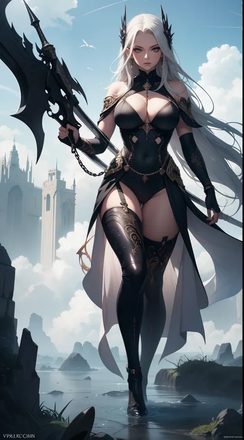 absurdres, highres, detailed, ((best quality)), ((masterpiece)), ((intricate and highly detailed)), fantasy, beautiful sexy elegant woman, holding a giant legendary glowing sword, modern, black-white, ((futuristic)), body chains, jewelry, ribbons, robes, s...