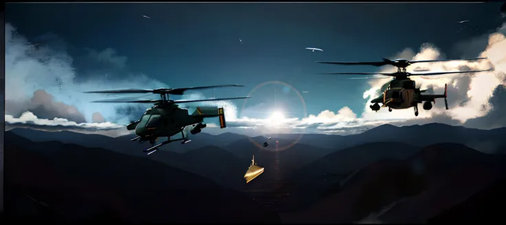 there are two helicopters flying in the sky with a blue arrow, helicopters firing, air support, dcs world style, background aerial battle, in game graphic, aerial combat, dcs world, flying ships in the background, cgi style, arma 3 screenshot, middle close...