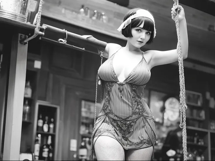 A 1920s flapper girl with large breast dressed in clothes of the era in a speak easy swinging on swing above a bar