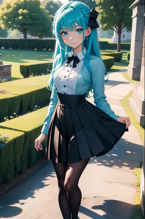 (Best quality), (masterpiece), (ultra detail), A cute girl, highly detailed face, indifferent facial expression, teal crystal eyes, turquoise hair, full body, in the country side castle in England like , BREAK black tights, (dress outfit with short pleated...