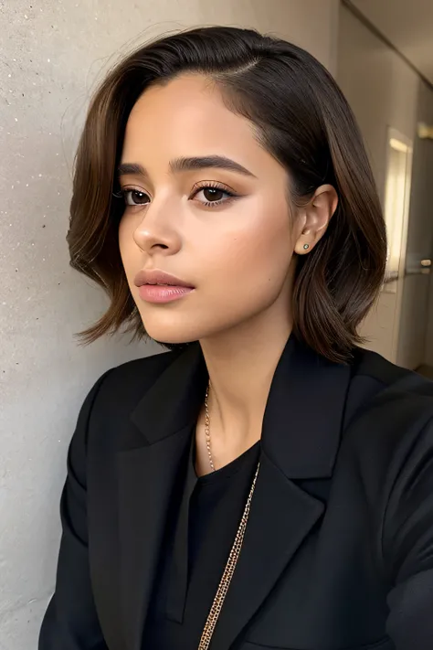 Alafed woman in black shirt and black jacket, Portrait Sophie Mudd, selfie of a young woman, Tessa Thompsons inspiration, with professional makeup, glowy, profile image, sexy face with full makeup, detailed flawless face, sultry expression, Perfectly lit f...