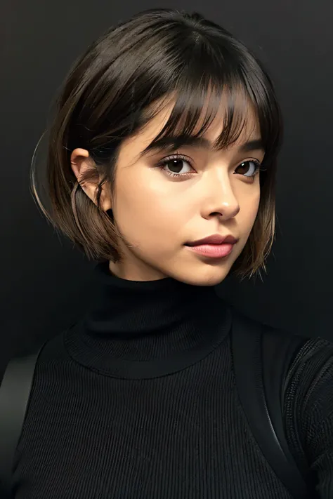 ((black backgrounds、Black theme))、(Alphafie woman wearing gray turtleneck sweater and black jacket), Portrait Sophie Mudd, selfie of a young woman, Tessa Thompsons inspiration, with professional makeup, glowy, profile image, sexy face with full makeup, det...