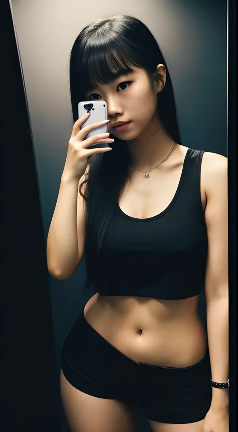 1girl in, Asian Girl, 20yr old, college, Pretty, Selfie, Dark background, Shooting with your iPhones camera, Noise Images, raw picture, pop music , Tank top, small tits,