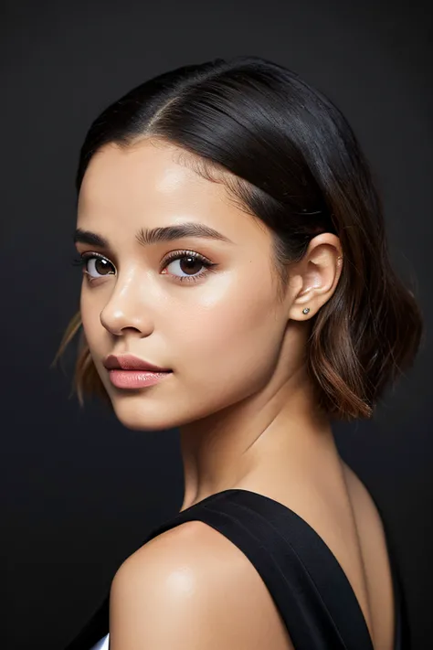 ((black backgrounds、Black theme))、Arafed woman wearing black off shoulder and black jacket, Portrait Sophie Mudd, selfie of a young woman, Tessa Thompsons inspiration, with professional makeup, glowy, profile image, sexy face with full makeup, detailed fla...