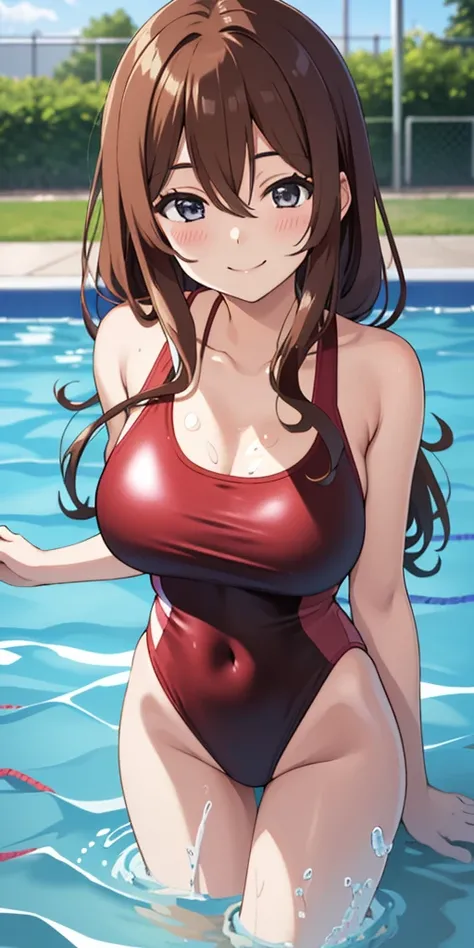 (Best quality:1.3), nakano miku, brown long hair, hair between eyes, large round breasts, one-piece swimsuit, soaking wet:1.3, smiling, swimming pool, (pov)