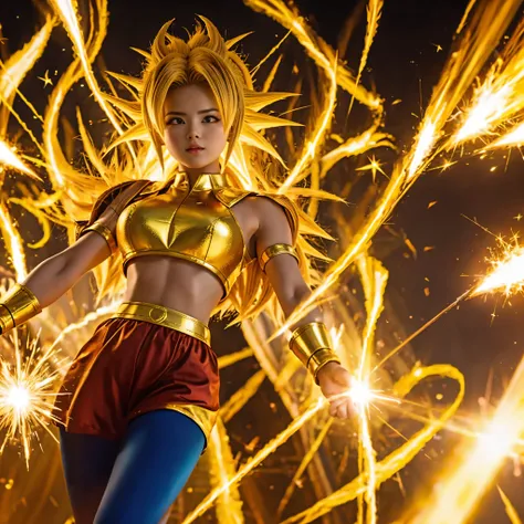 super saiyan girl, golden aura, spark, unleash a wave of energy, hightquality