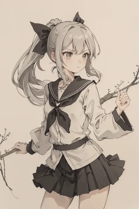 sparrow, a silver haired girl, wearing a school uniform, black skirt, long hair, slim body, ponytail, black ribbon, teen, serious face, a japanese school girl. she is standing in the school