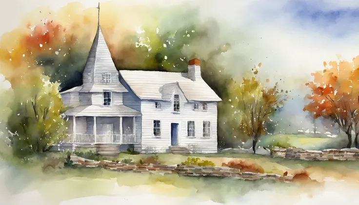 crosses，white triangular roof，White house，Watercolor style