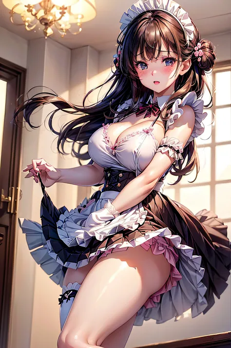 (1girl in), Long Wave Hair、dark brown hair, Amazing face and eyes,(natural make up)、(Brown eyes), medium large breasts、(High school uniform with wide open chest:1.1)、bared  chest, (amazingly beautiful girl), Styliška Chusha、Ruffle style costumes, Puffy nip...