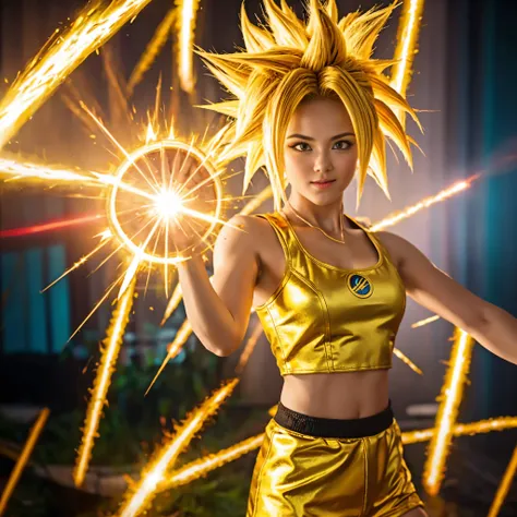 super saiyan girl, golden aura, spark, unleash a wave of energy, hightquality