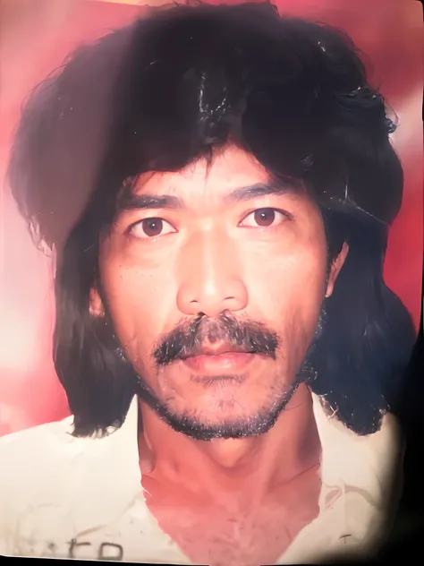 indonesian man with a mustache and a beard in a picture, 40 years old man, curly long hair, 8k, high detail, masterpiece, colorful, highest quality