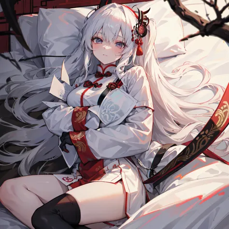 A beautiful girl with long white hair in the Chinese style forest. The legendary samurai wears a white shirt, a short skirt, tattered black stockings, holds a holy sword, and lies on the bed kissing the devil.