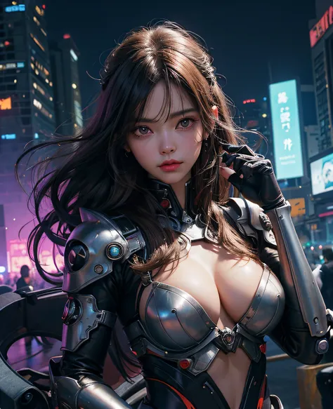 ( foto realista 4k ), ( corpo inteiro ), cabelos brancos、long, flowing hair、Brisa forte、olhos alaranjados、Olhos Radiante、Menina Evangelion、Seios colossais、The face and chest are alive、cleavage is visible。fotoRealstic、Portfolio、Terno mecha de metal estilo E...