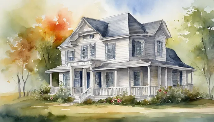 A white triangular house，There is a cross on the roof，the watercolor style