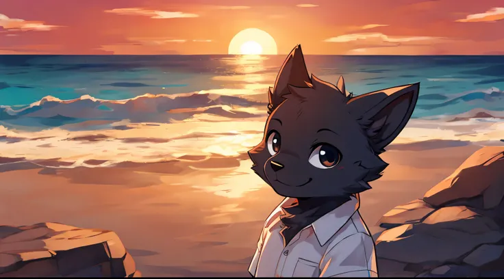 furry,fur,body fur,solo,male,(smile),((ocean,sunset)),short sleeves,character focus, full of black fur, black eyes,BREAK,aoeu