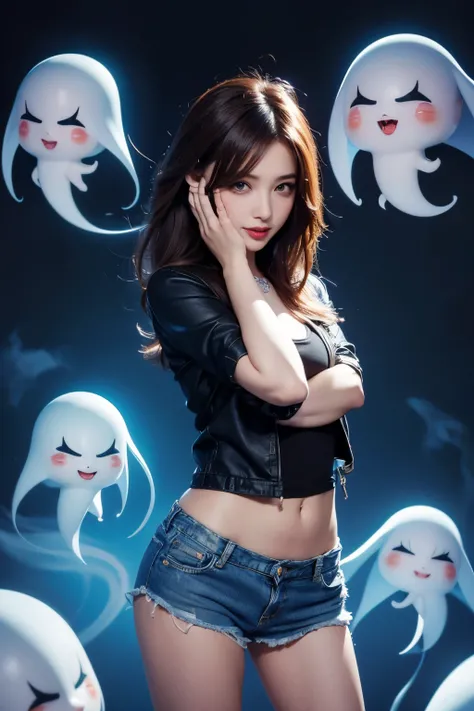 Photorealistic chibi art style, a beautiful woman in jeans and high heels, facing the viewers pretending to be scared, both hands on face, artistic, artist, simple volumtric light background, swirling clouds, ColorART, many cute ghosts with tongues out, ch...