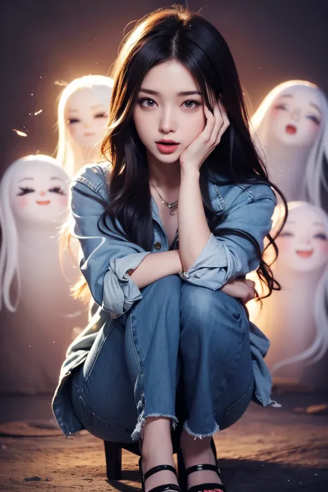 Photorealistic chibi art style, a beautiful woman in jeans and high heels, facing the viewers pretending to be scared, both hands on face, artistic, artist, simple volumtric light background, swirling clouds, ColorART, many cute ghosts with tongues out, ch...