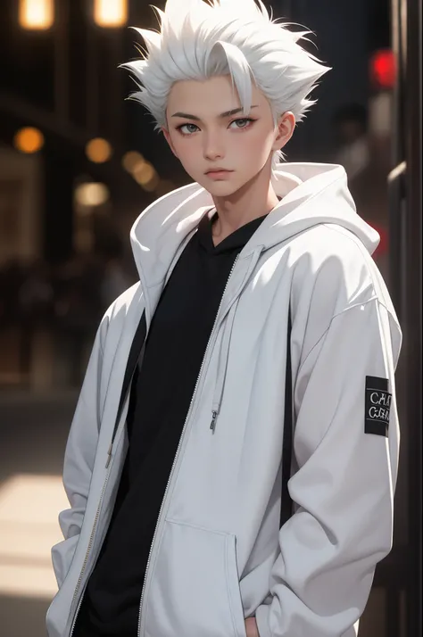 masterpiece, best quality, high quality, 1boy, solo, male focus, looking at viewer, upper body, hitsugaya_toushirou, wearing Streetwear Hoodie, dinamic lighting, blurry background