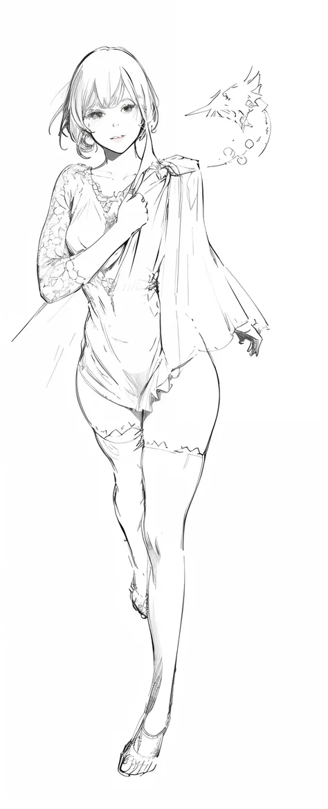 a drawing of a woman in a dress holding a bat, hands behind her body pose!, detailed but rough, thick linear, full body drawing, thick outline, full body concept, full body portrait of a short!, thick outlines, realistic proportions sfw(colouring)