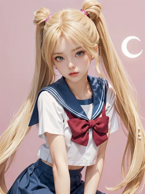 Adapt the character A girl with realistic long blonde hair, exactly the same hairstyle, realistic beautiful face, realistic cool expression, adapt Exactly the same clothes, realistic light, realistic shadows, realistic background, realistic love hair clips...