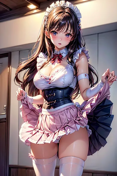 (1girl in), Long Wave Hair、dark brown hair, Amazing face and eyes,(natural make up)、(Brown eyes), medium large breasts、(High school uniform with wide open chest:1.1)、bared  chest, (amazingly beautiful girl), Styliška Chusha、Ruffle style costumes, Puffy nip...