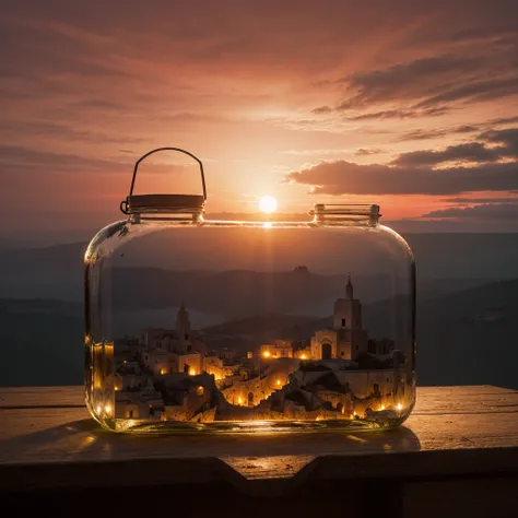 (An intricate minitown Matera landscape trapped in a jar with cap), atmospheric oliva lighting, on a white desk, 4k UHD, dark vibes, hyper detailed, vibrant colours red sky background, epic composition, octane render, sharp focus, high resolution isometric...