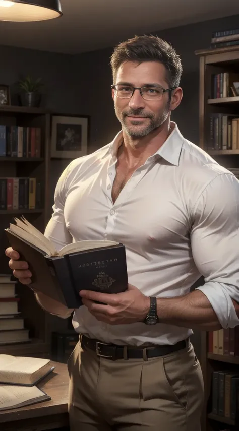 An award-winning original photo，A wild muscular man, (40 years old daddy:1.3), 1boy, Solo, (tidy white dress shirt), (black trouser), black hair, (big shoulders), musculature, stubbles, Short beard, Beautiful eyes:1.3, ), (Detailed face:1.3), wearing glass...