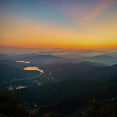 Sunset view over valley with lake and mountains, at sunrise, Beautiful and spectacular dusk, at sunrise, Mountains and colorful sunset!!, mountains and sunset!!, sunset view, beautiful sunrise lights, late sunset, late sunset, 8k HDR sunset lit, sunrise li...