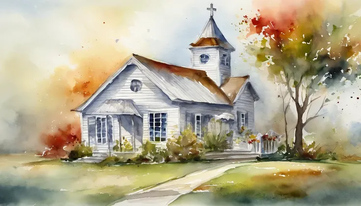 white triangle house，There is a cross on the roof，Positive orientation，church，the watercolor style