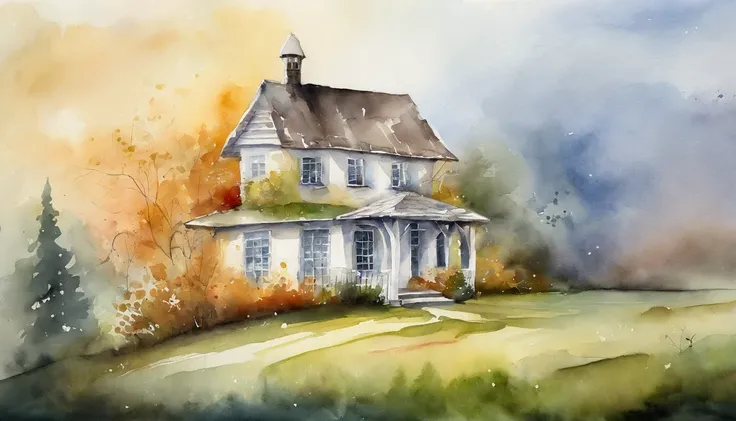 white triangle house，There is a cross on the roof，Positive orientation，church，the watercolor style