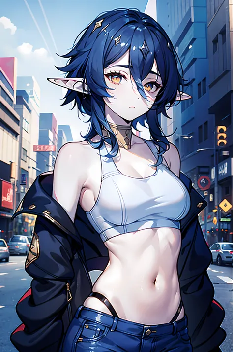 (masterpiece:1.2), (pale skin:1.2), (solo:1.2), (female:1.1), (emphasis lines:1.3), short hair, dark blue hair, elf ears, golden eyes, outdoors, crop top, navel, collarbone, modern, jeans, open jacket