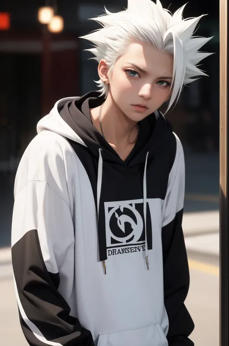 masterpiece, best quality, high quality, 1boy, solo, male focus, looking at viewer, upper body, hitsugaya_toushirou, wearing Streetwear Hoodie, dinamic lighting, blurry background