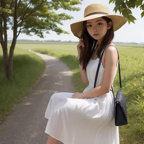 20yr old、femele、Knee-length dresses、country road、Shorthair、cycling、a straw fedora hat、Seen from the side