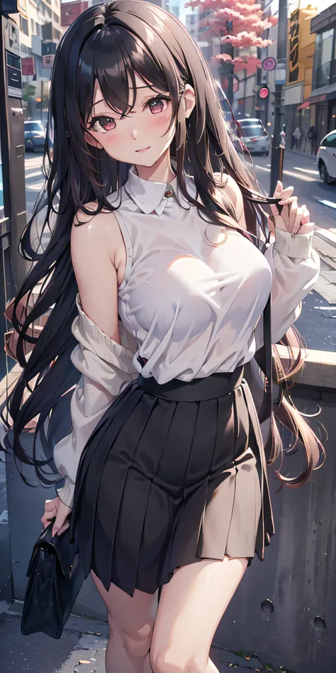 masutepiece, Best Quality,  a 25yo woman、((waved hair、Long Black Hair))、Detailed background, 耳Nipple Ring、governess, Light pink knitwear, darkblue pleated skirt, breasts of medium size,、Puffy nipple、 Blushing, Shy laughter, Bare shoulders, , Slouched、Kamim...