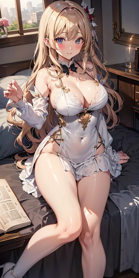 masutepiece, Best Quality,  the Extremely Detailed CG Unity 8K Wallpapers, Holy Costume, Long dark blonde wavy hair、White lace dress, Long flared skirt, Medium milk,  Puffy nipple、Blushing, Shy laughter, Bare shoulders、sexy hips、Sexy black underwear、Black ...