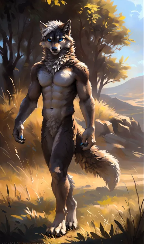 ((Solo)), male people, anthro wolf, (Multi-colored fur, White-brown:1.3，White tail pointed), (Height 2.1m,Tail length 1.2m), ((Wolf face, White hair, Big eyes, White eyelids, Blue pupil, Slim:1.2) (Tough, Calm expression:1.2)), Abs, Slim, pinging)), (Corre...