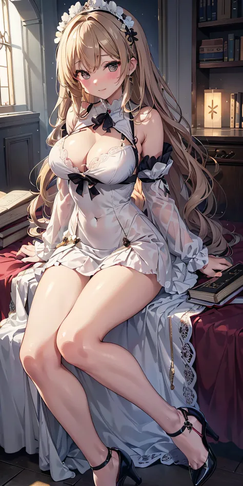 masutepiece, Best Quality,  the Extremely Detailed CG Unity 8K Wallpapers, Holy Costume, Long dark blonde wavy hair、White lace dress, Long flared skirt, Medium milk,  Puffy nipple、Blushing, Shy laughter, Bare shoulders、sexy hips、Sexy black underwear、Black ...