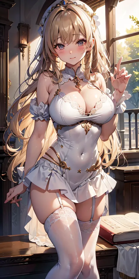 masutepiece, Best Quality,  the Extremely Detailed CG Unity 8K Wallpapers, Saint Costume, Long dark blonde wavy hair、White lace dress, (Long flared skirt), Medium milk,  Puffy nipple、Blushing, Shy laughter, Bare shoulders、sexy hips、sexy underwear、Black Hig...